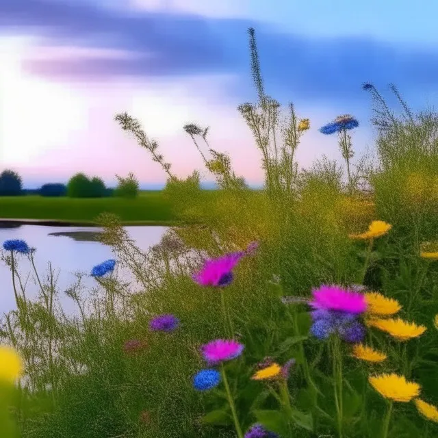 a painting of a field of wildflowers next to a lake  movement from the wind