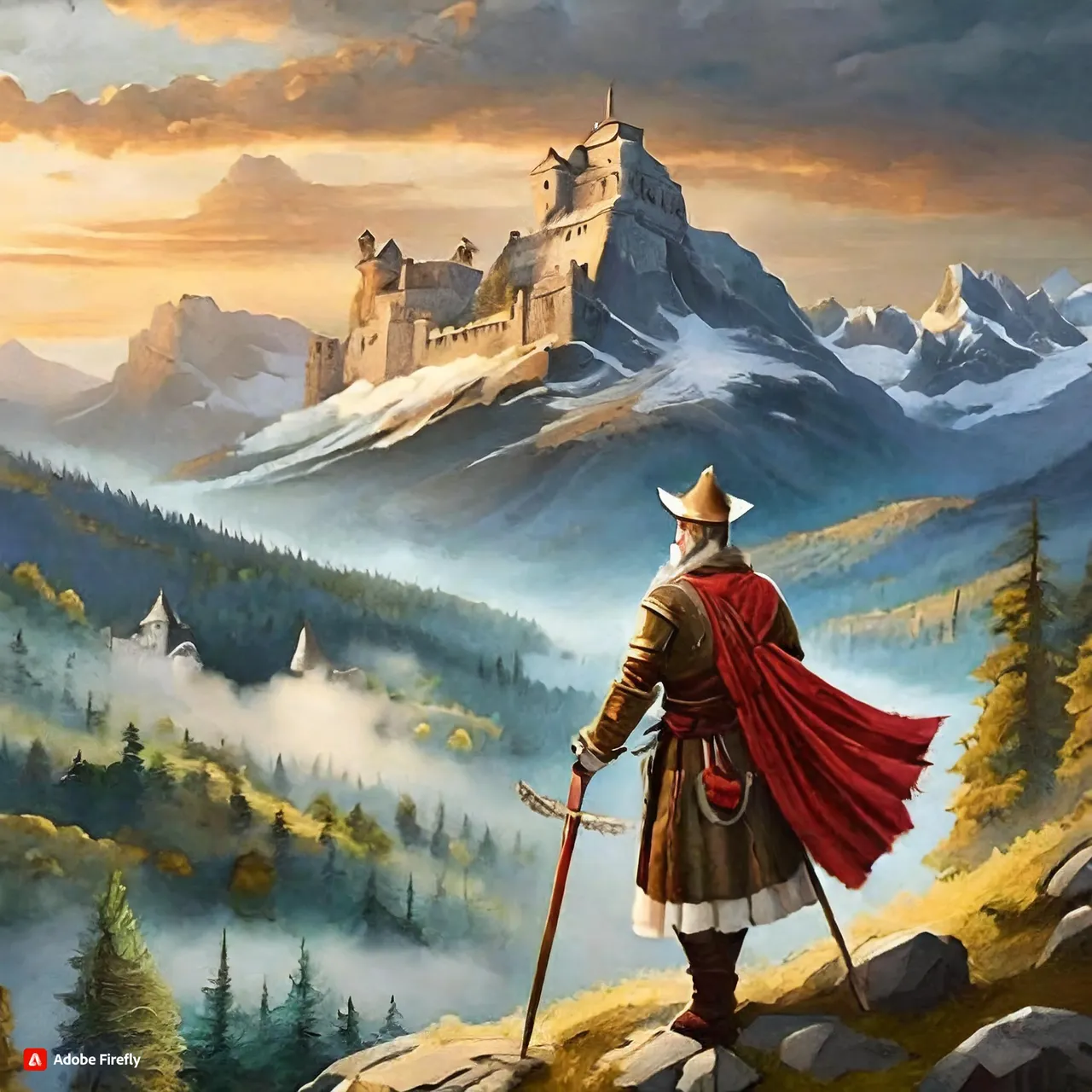 a painting of a man standing on top of a mountain