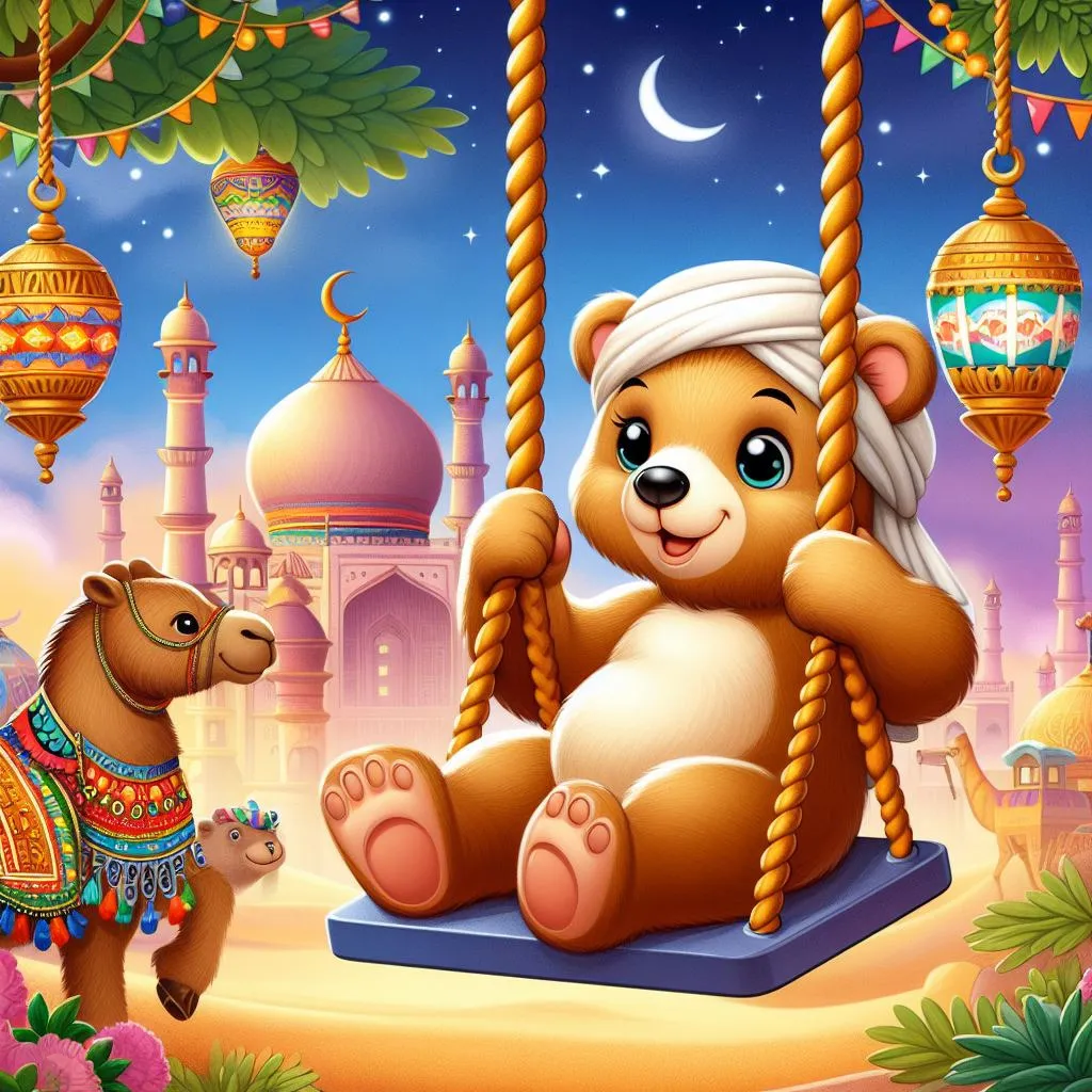 a brown teddy bear sitting on top of a swing