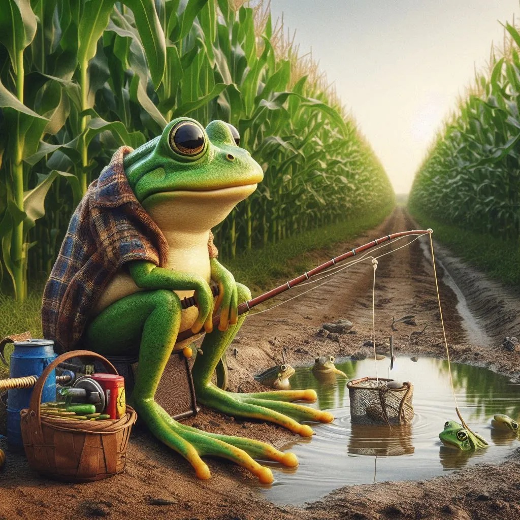 a frog fishing in a corn field with a fishing rod