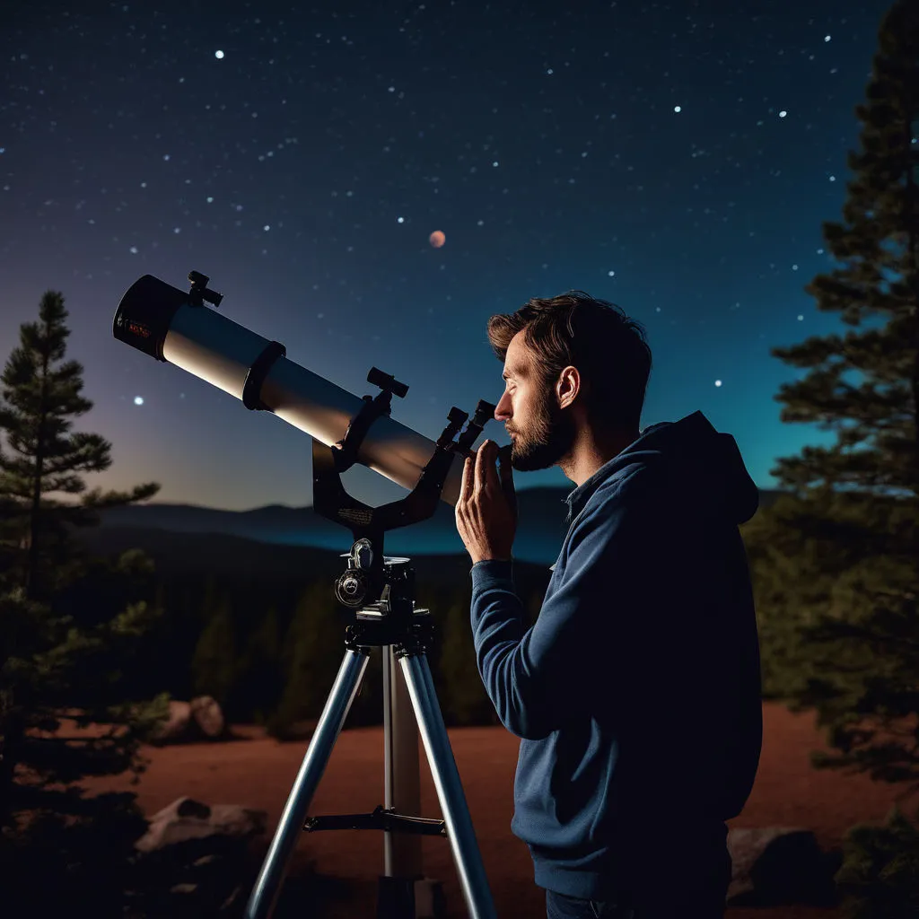 a man looking at the stars through a telescope