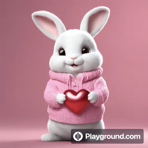 a white rabbit in a pink sweater holding a heart