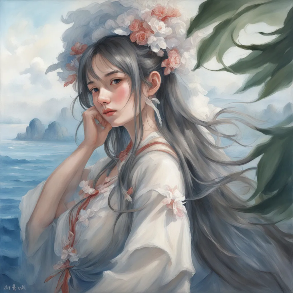 a painting of a woman with long hair and flowers in her hair