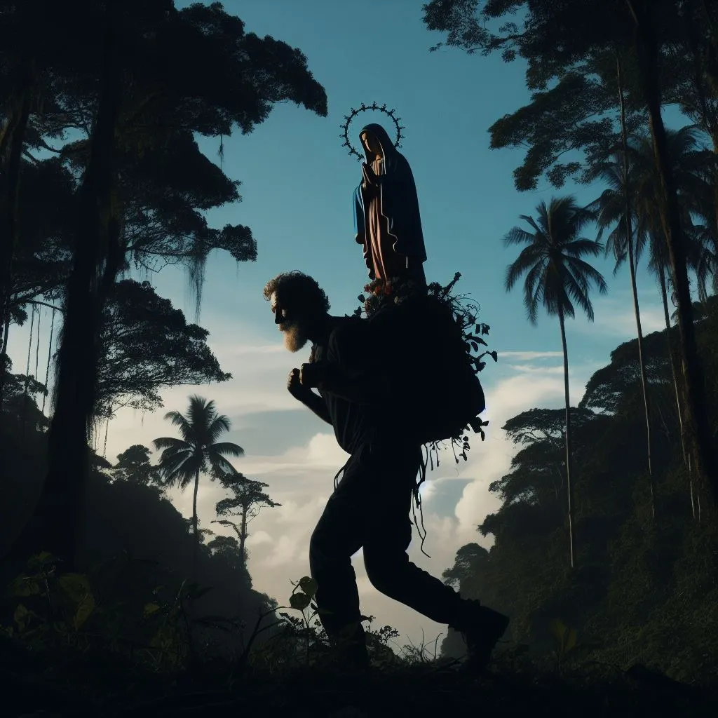 a man carrying a statue on his back going up a hill