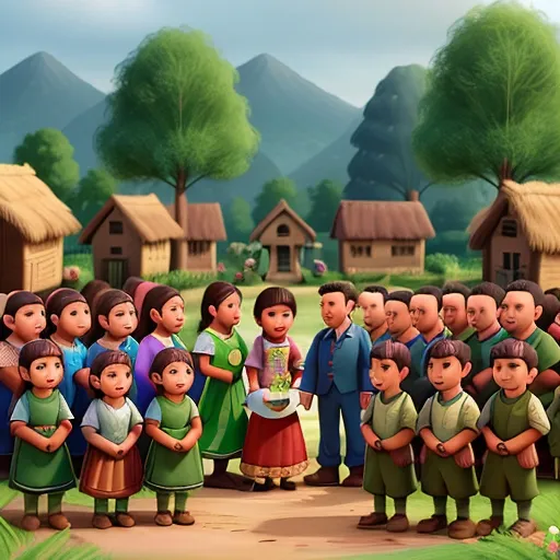 a group of people standing in front of a village