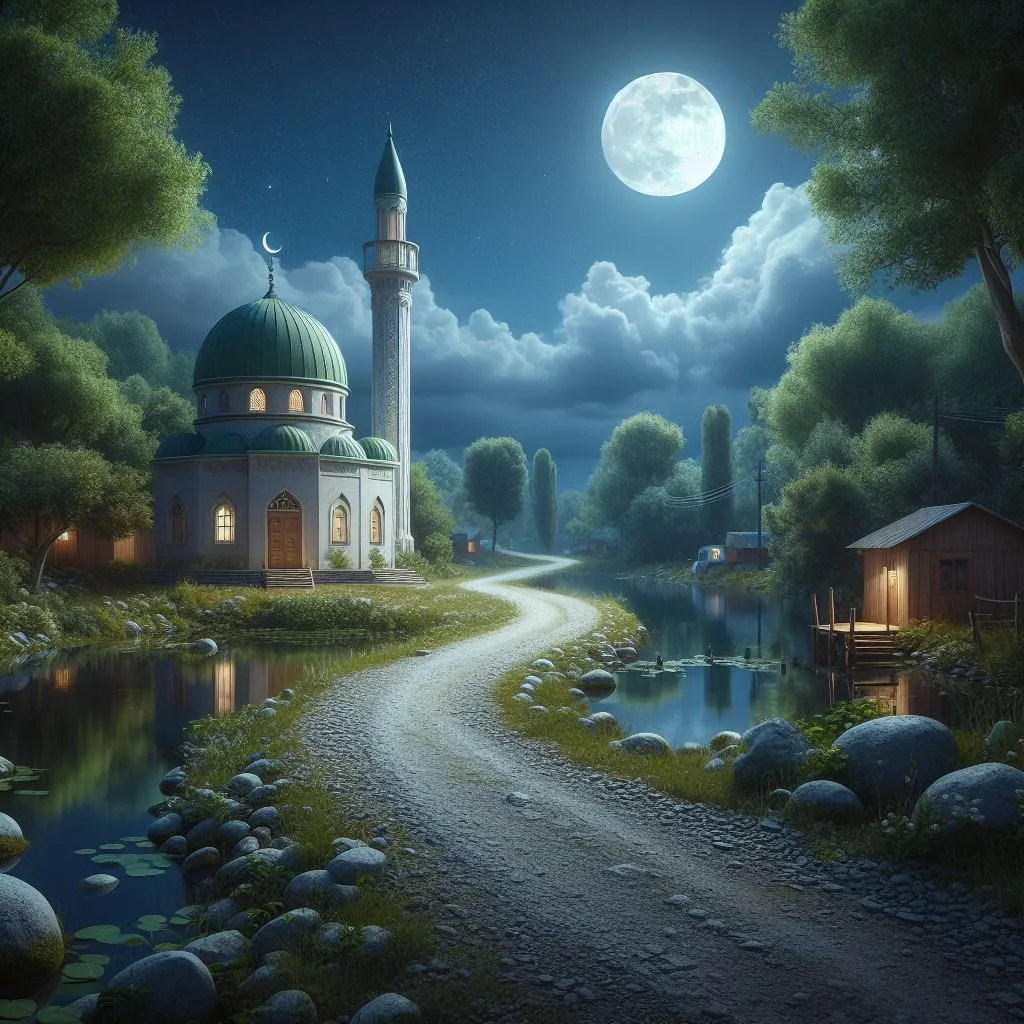 a painting of a path leading to a mosque