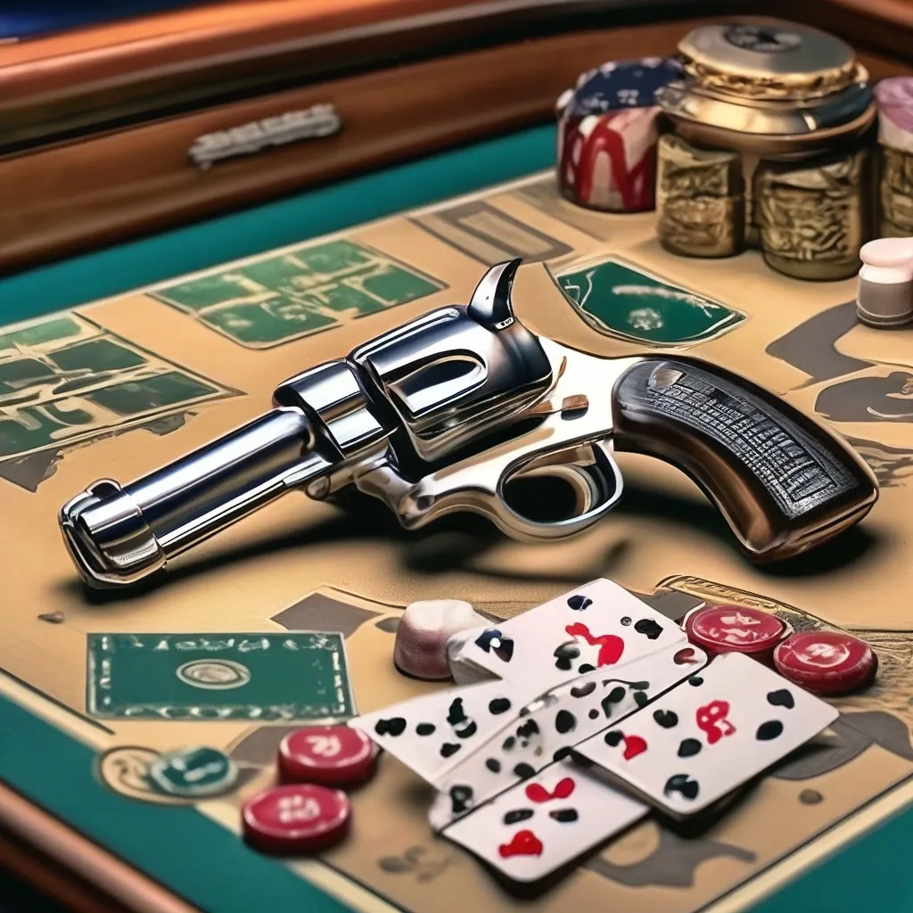 a close up of a table with playing cards and a gun