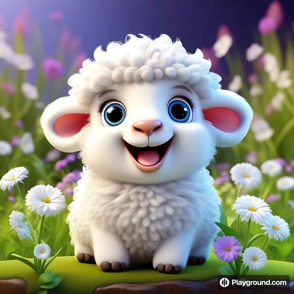 a cartoon sheep sitting in a field of daisies