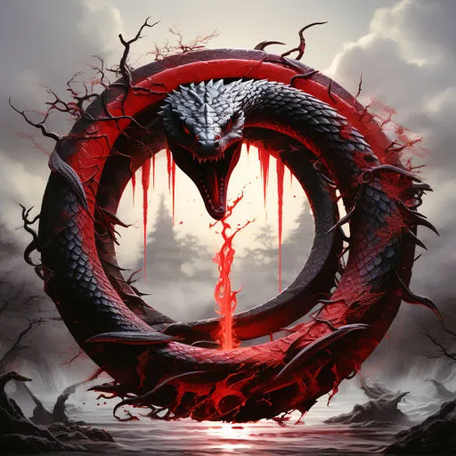 a red and black snake in a circle of blood