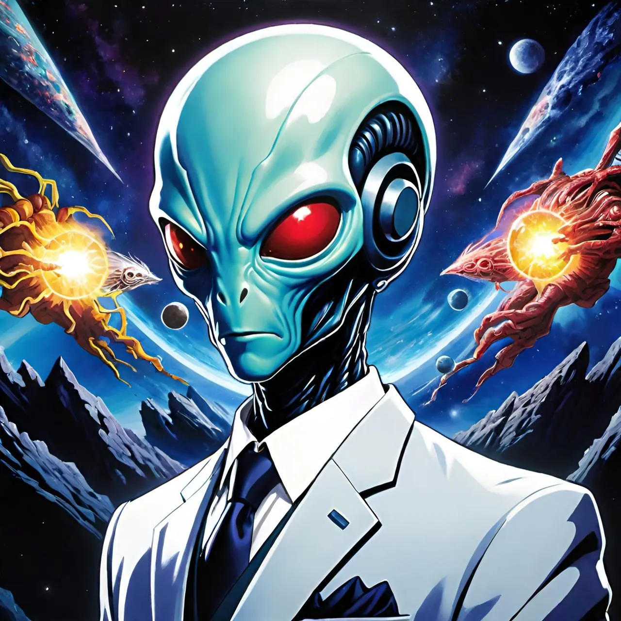 a man in a suit and tie with an alien face