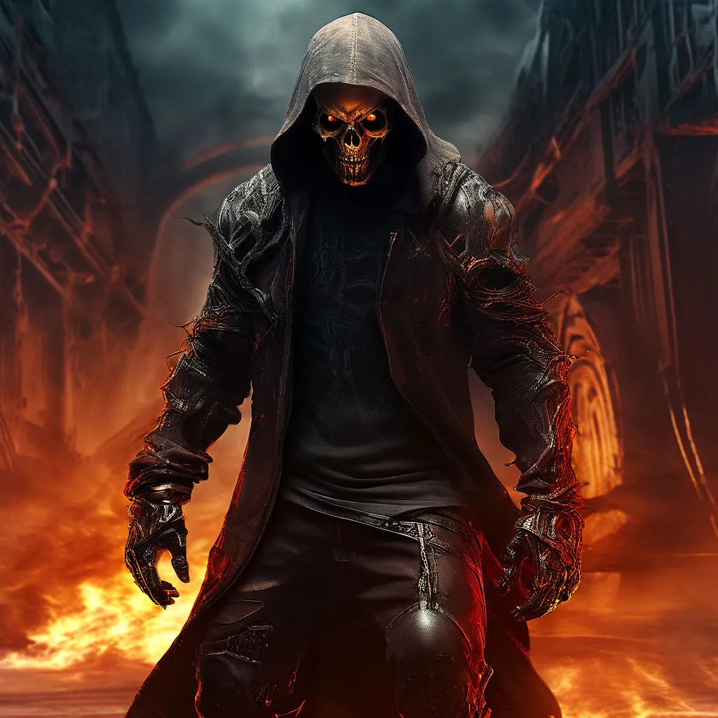 a man in a hooded jacket with a skull face