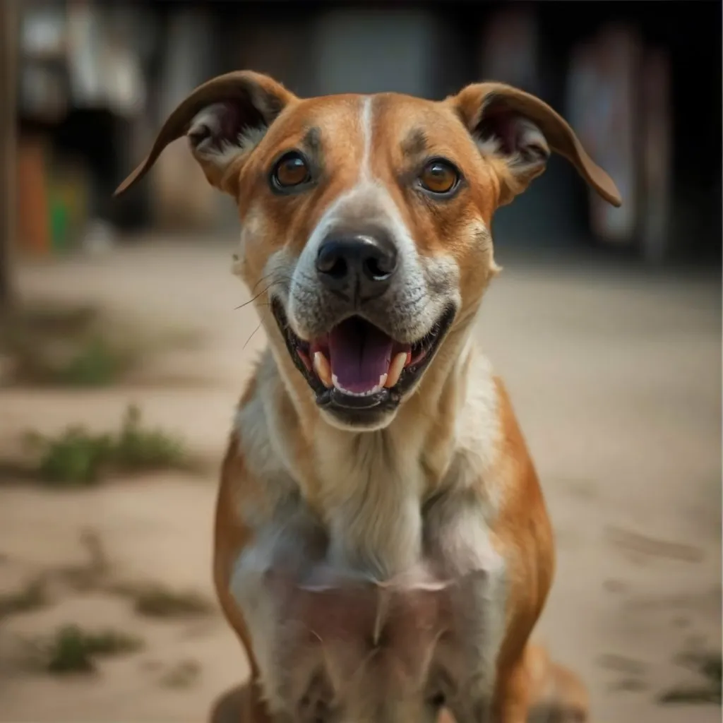 a brown and white dog sitting on top of a sidewalk