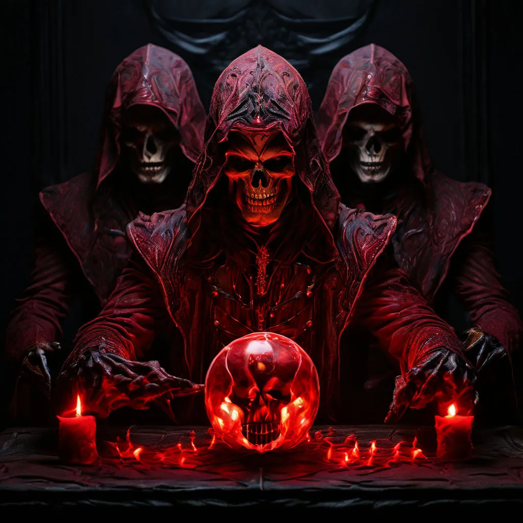 a group of people in red robes with skulls around them