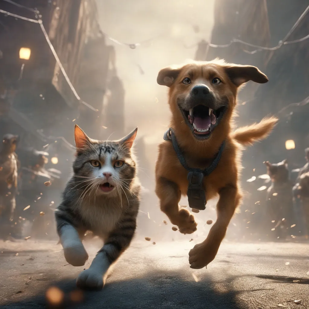 a dog and a cat running in the street