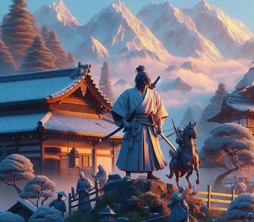 a painting of a man riding a horse in front of a mountain