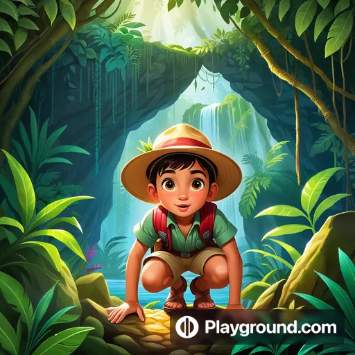 a boy in a hat kneeling down in the jungle