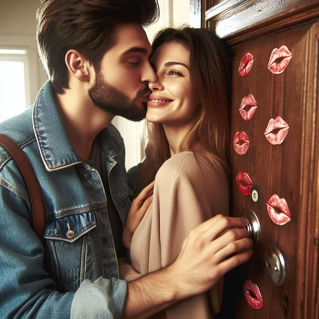 a man and a woman kissing in front of a door