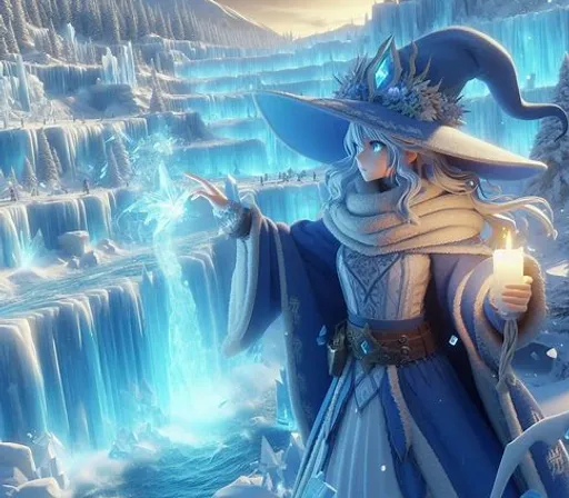 a wizard standing in front of a waterfall holding a candle