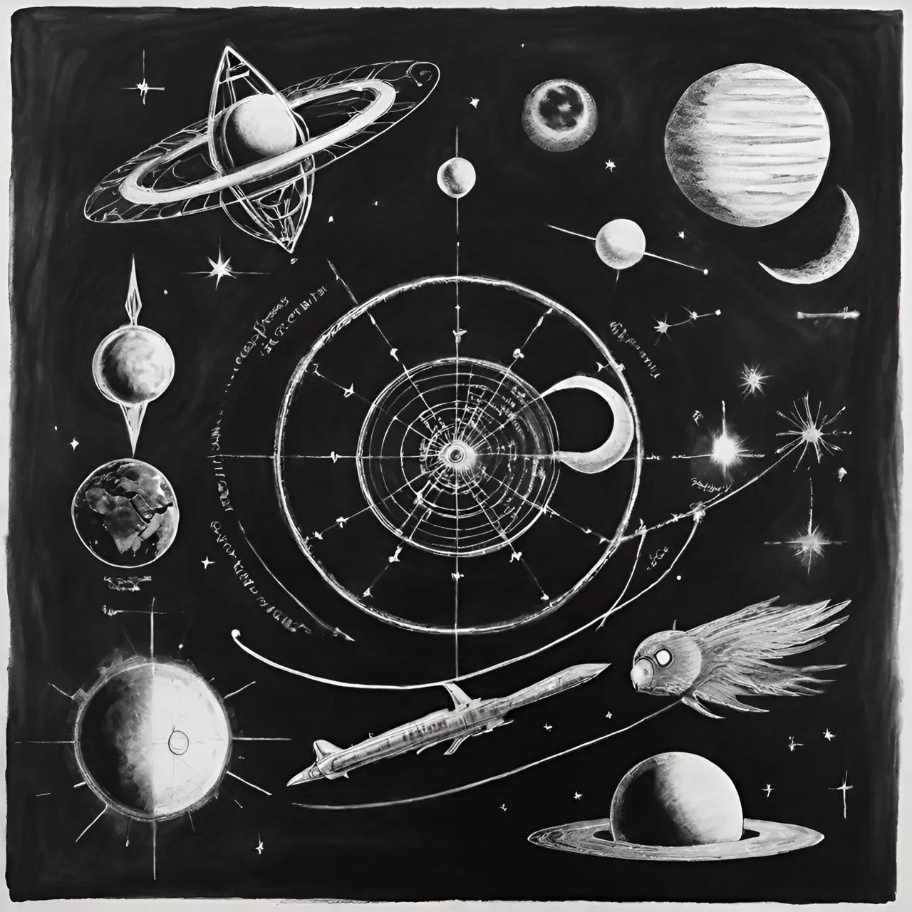 a black and white drawing of a solar system