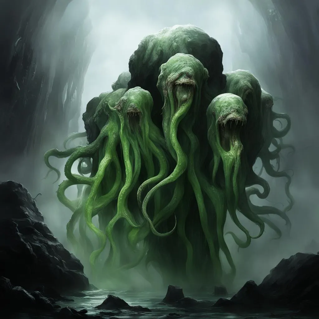 a group of green tentacles floating in the air in mountain pass