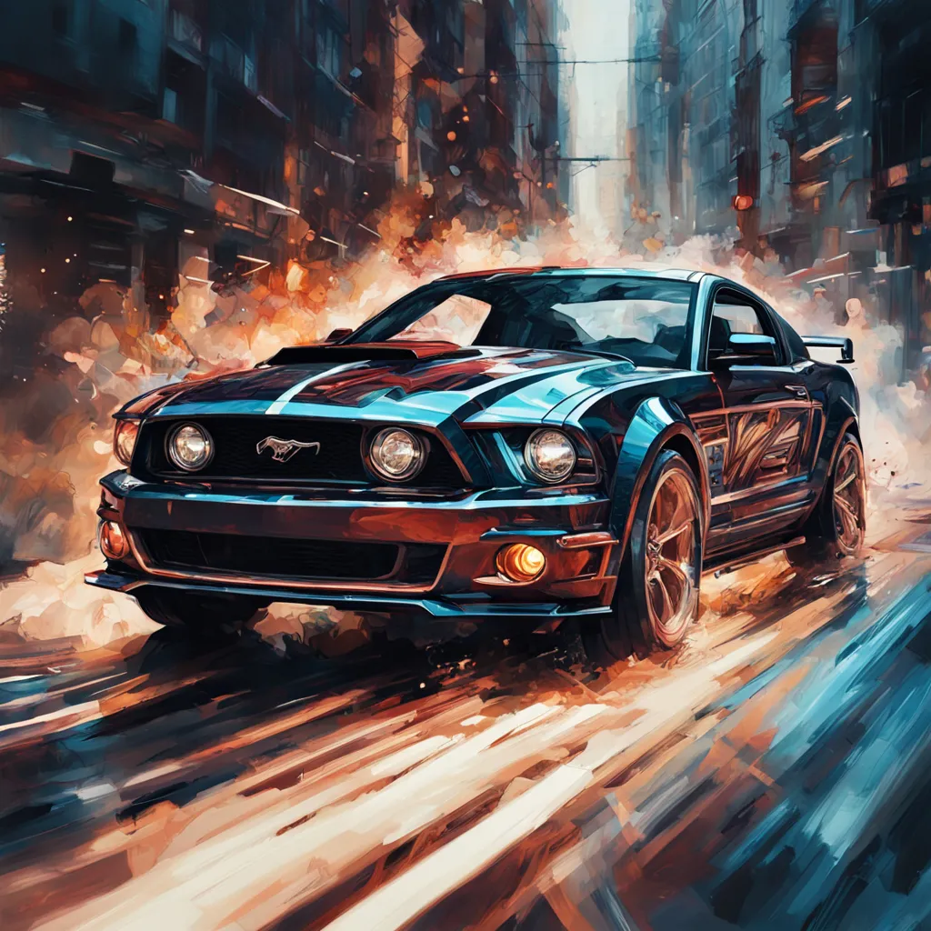 a painting of a car driving down a city street