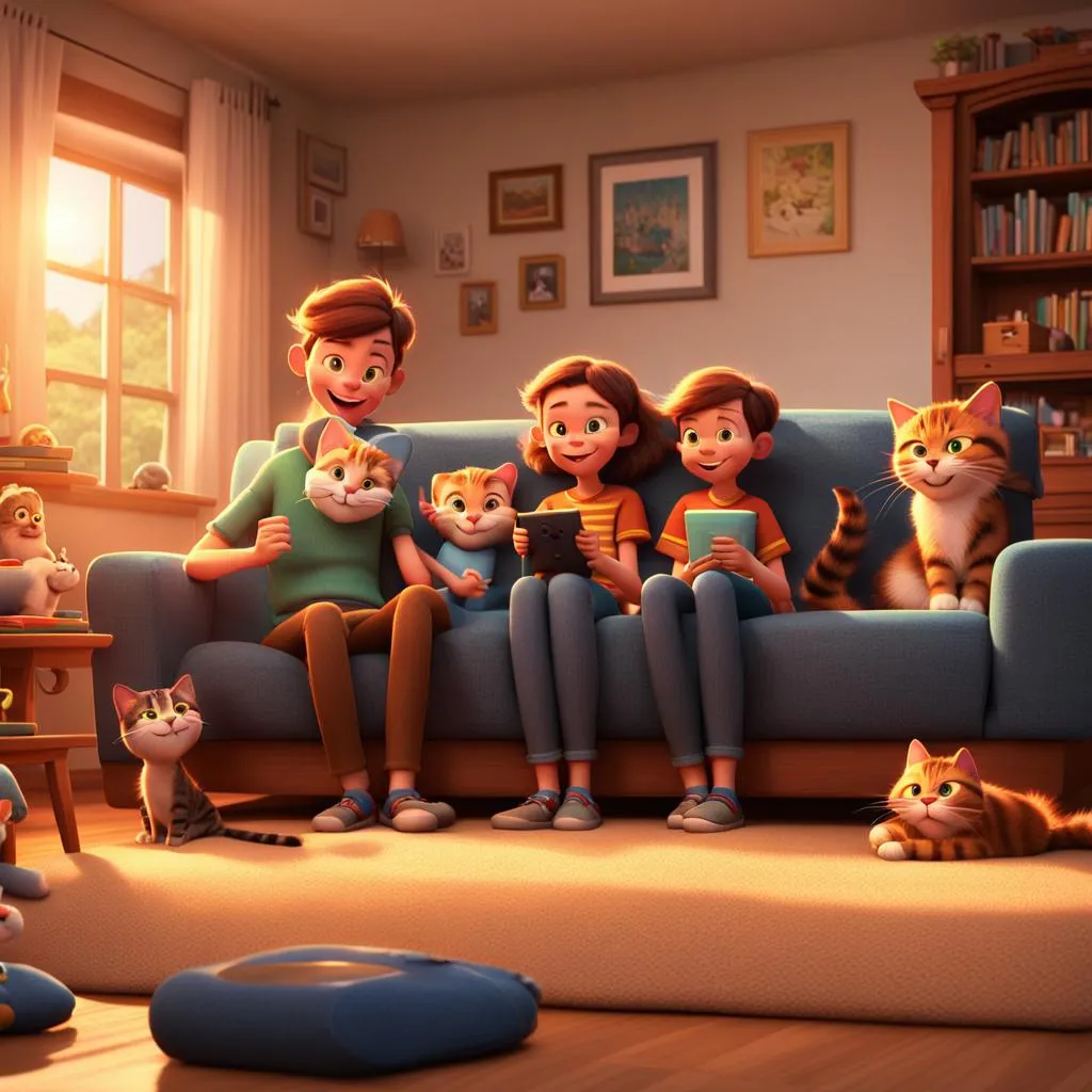 a family sitting on a couch in a living room singing along together