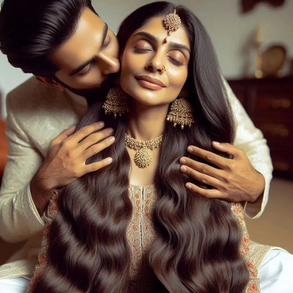 a man and Kareena Kapoor with (((extreme long hair)) embracing each other