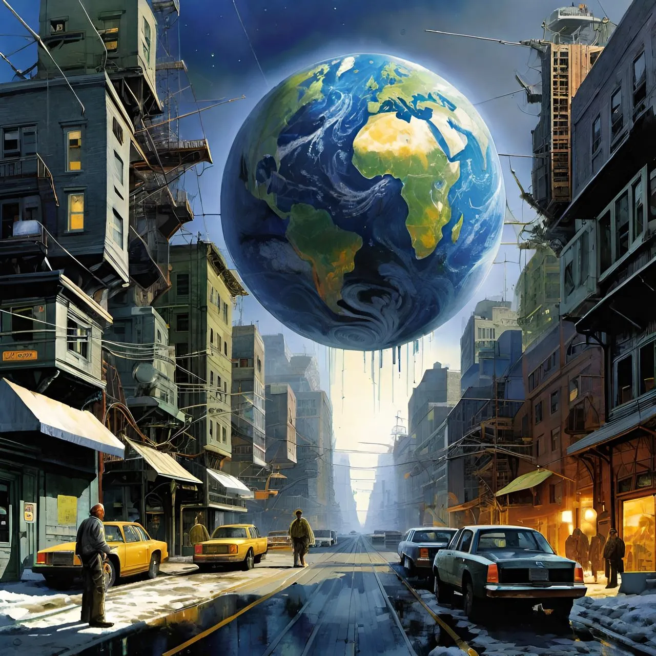 a painting of a city street with cars and a giant earth