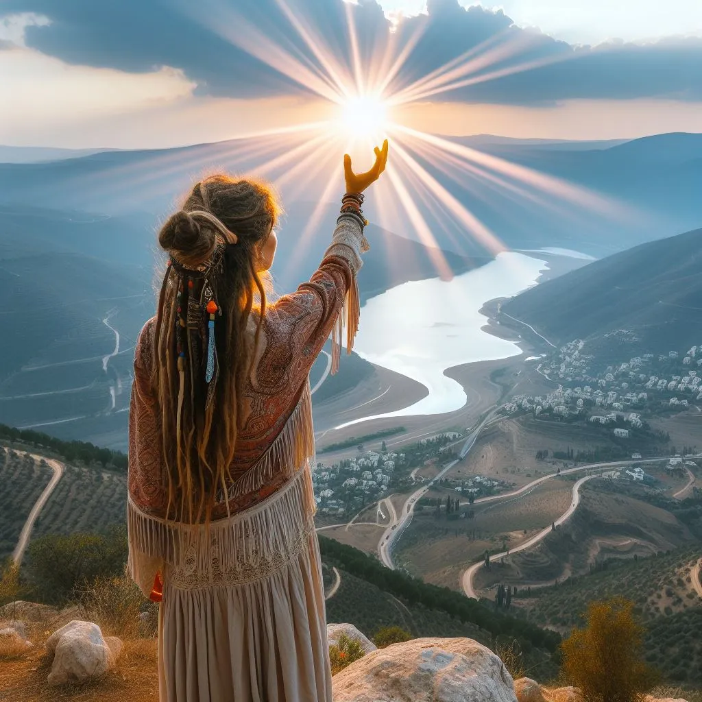 a woman standing on top of a mountain with her hands in the air