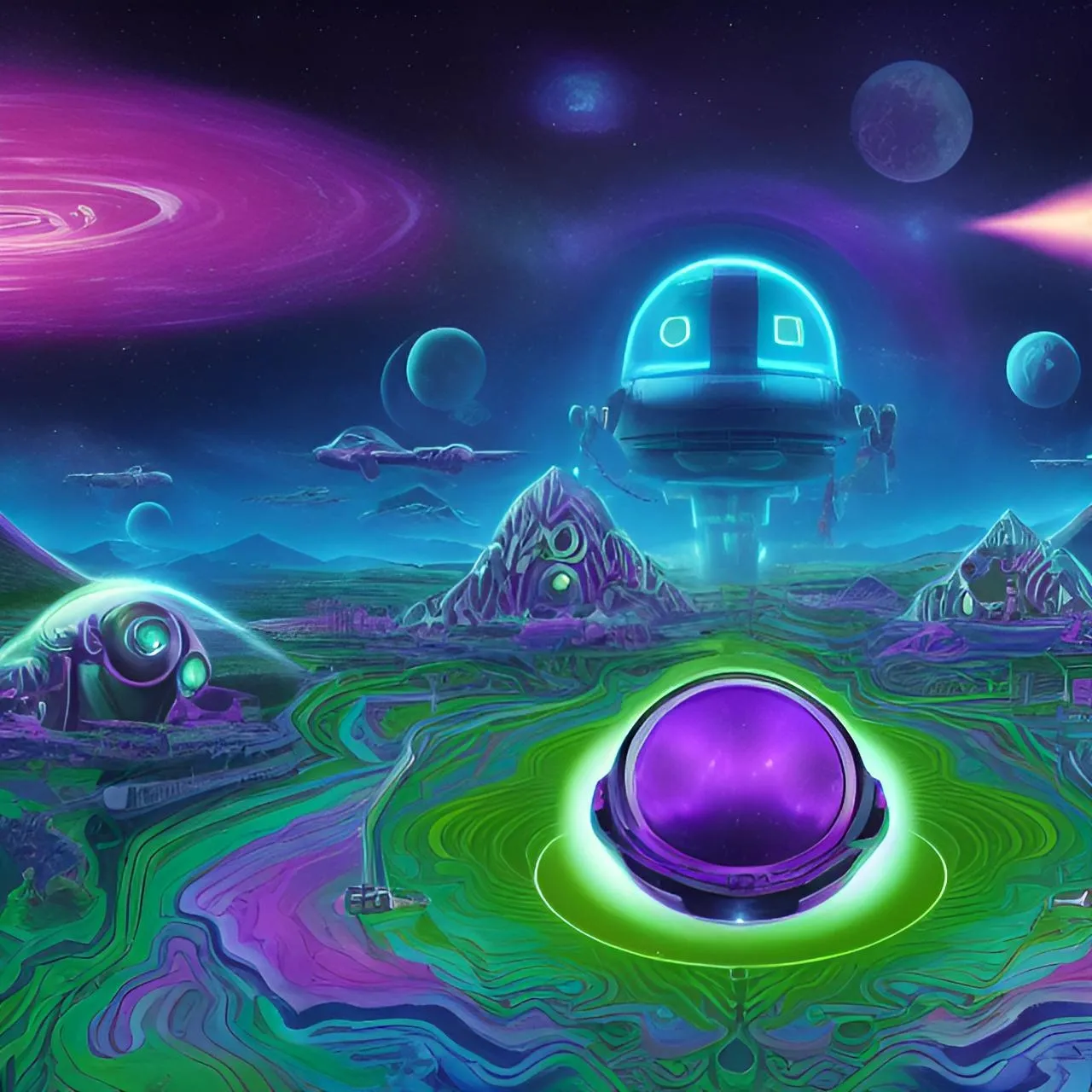 a painting of an alien land with a purple ball in the center