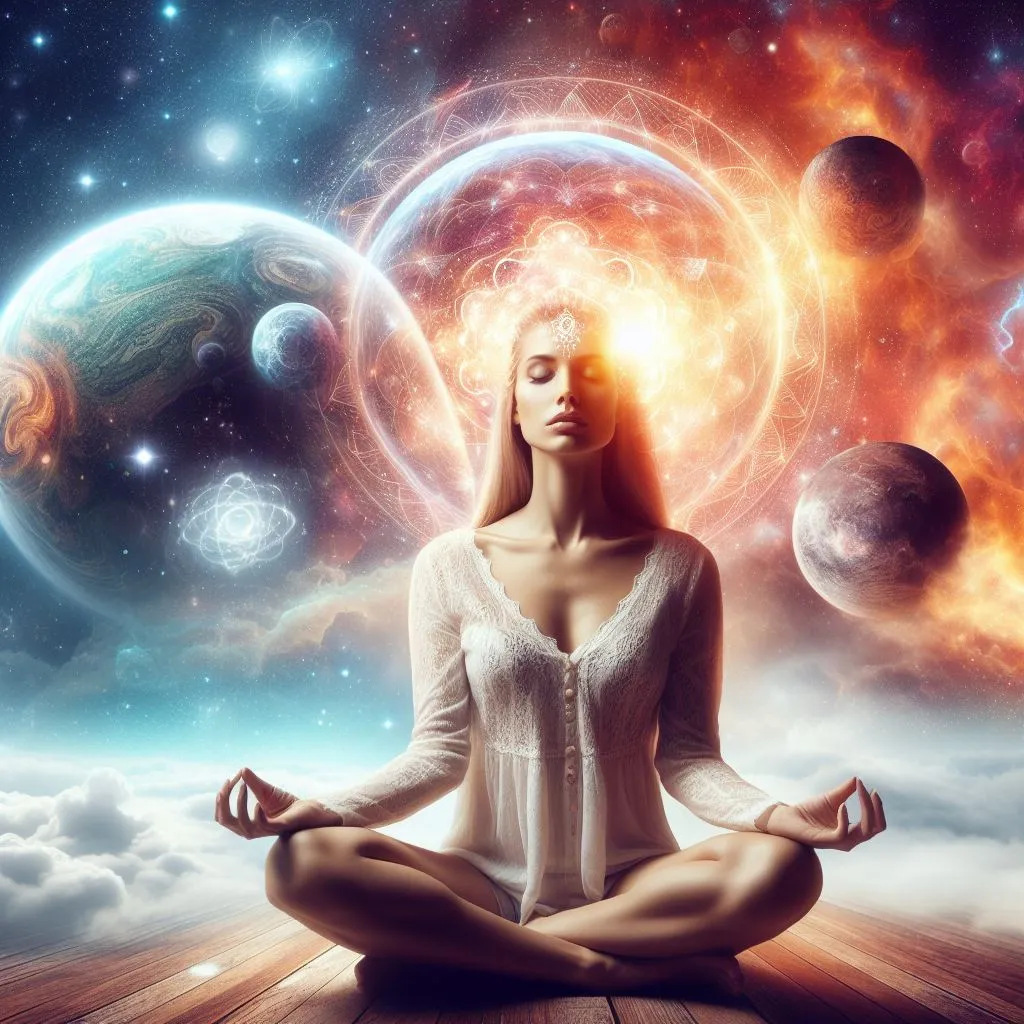 a woman sitting in a lotus position in front of planets