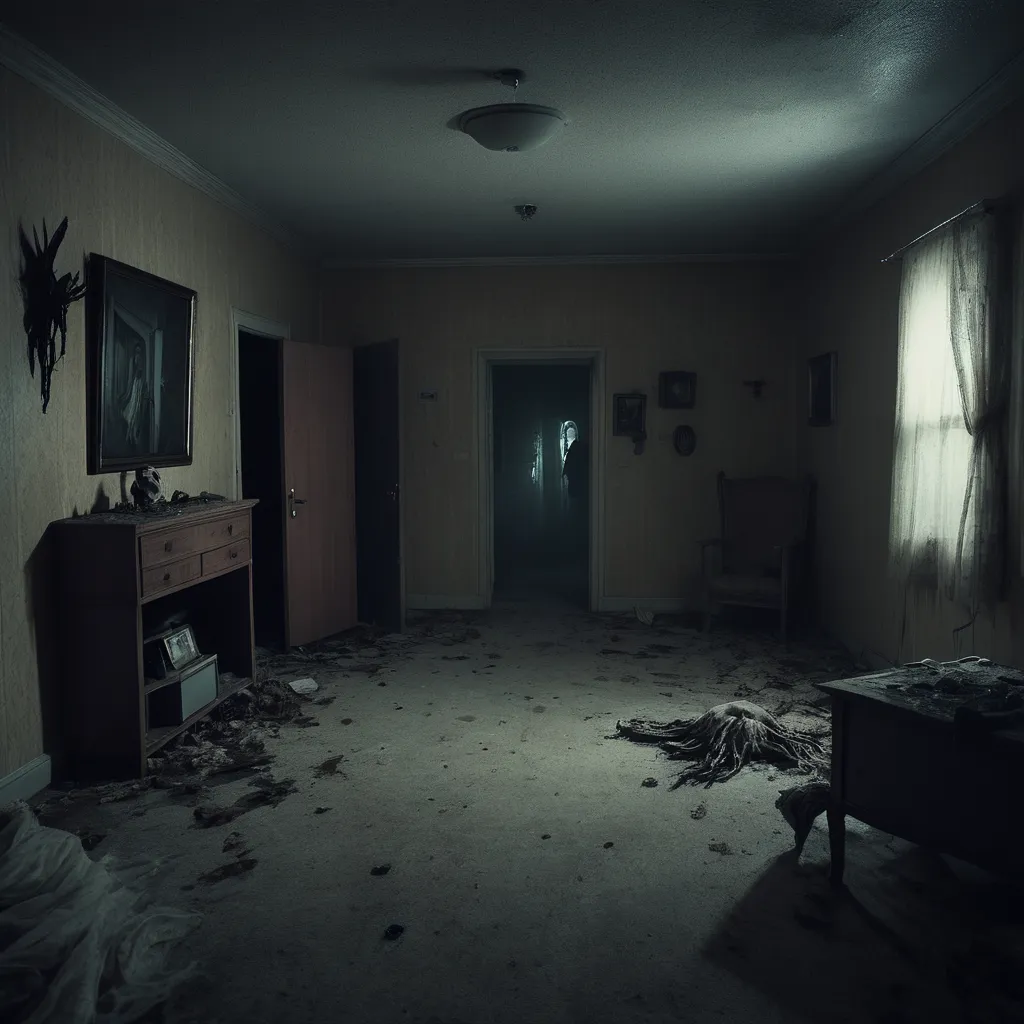 a dark room with a tv and a table and scary shadow in the far corner of room