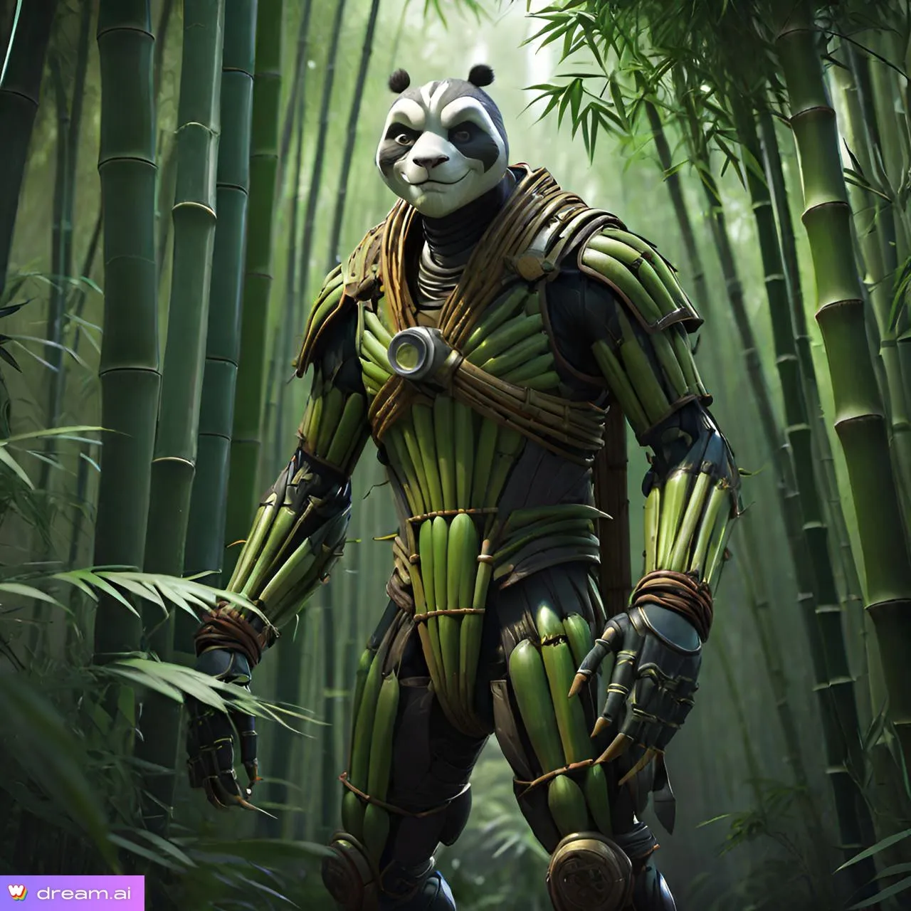 a panda-man in a bamboo forest with bamboo trees