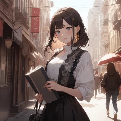 a woman holding a book while standing on a city street