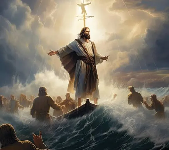 a painting of jesus standing on top of a boat in the ocean