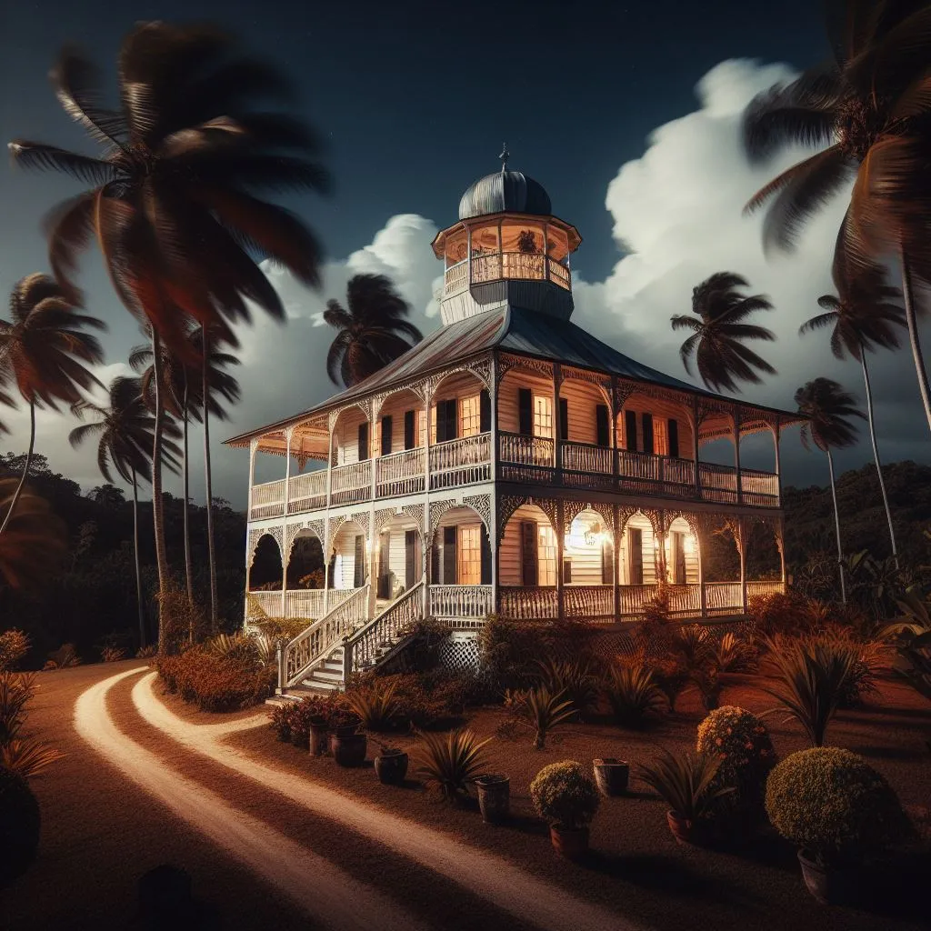 a house in the middle of palm trees, night time and windy