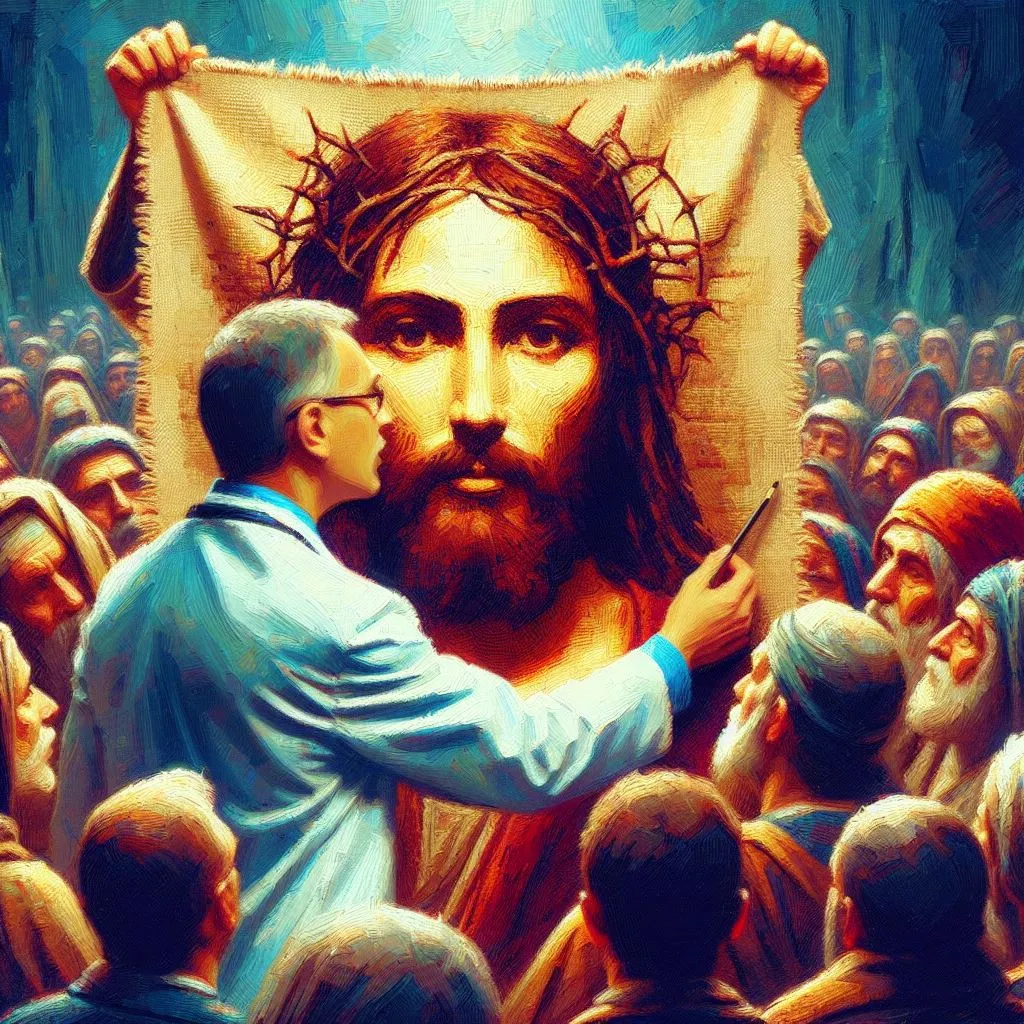 a painting of jesus holding up a banner