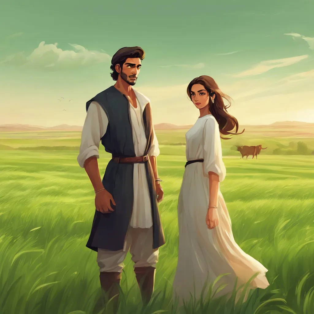 a painting of a man and a woman standing in a field