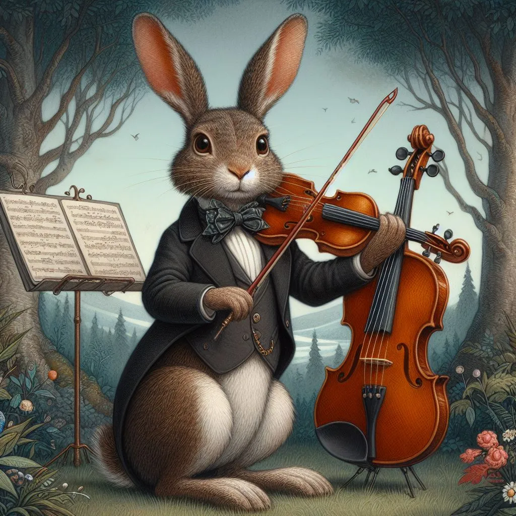 a rabbit playing a violin in a forest