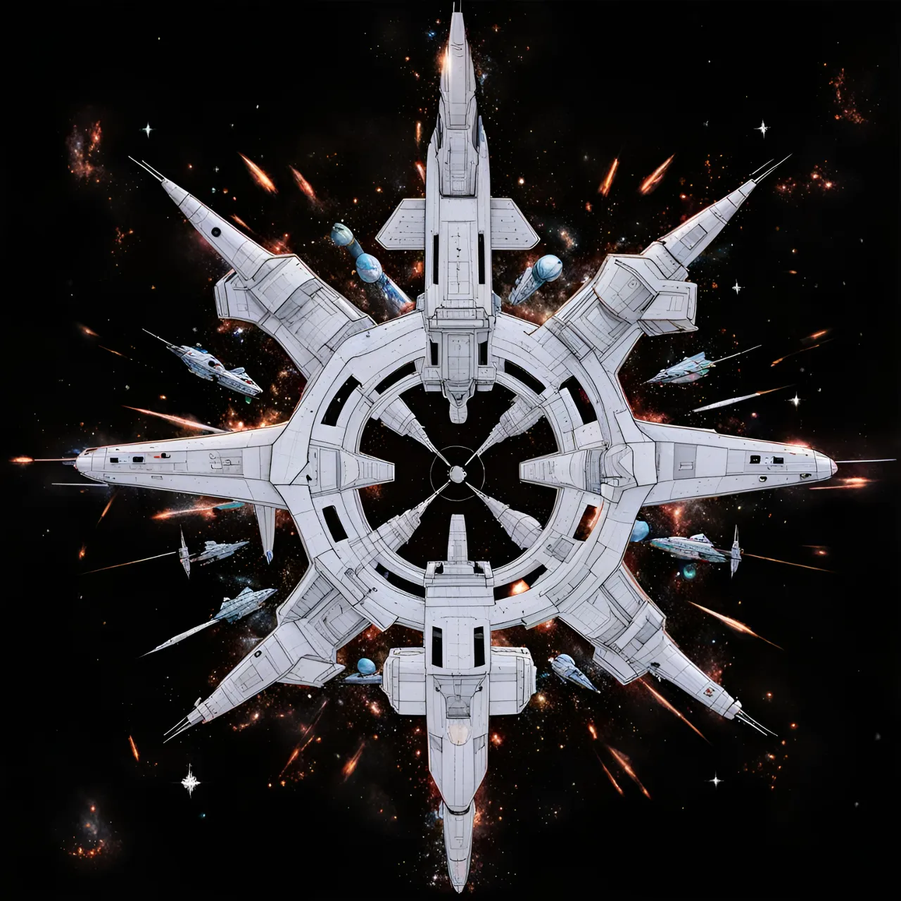 a satellite surrounded by spaceships in battle 