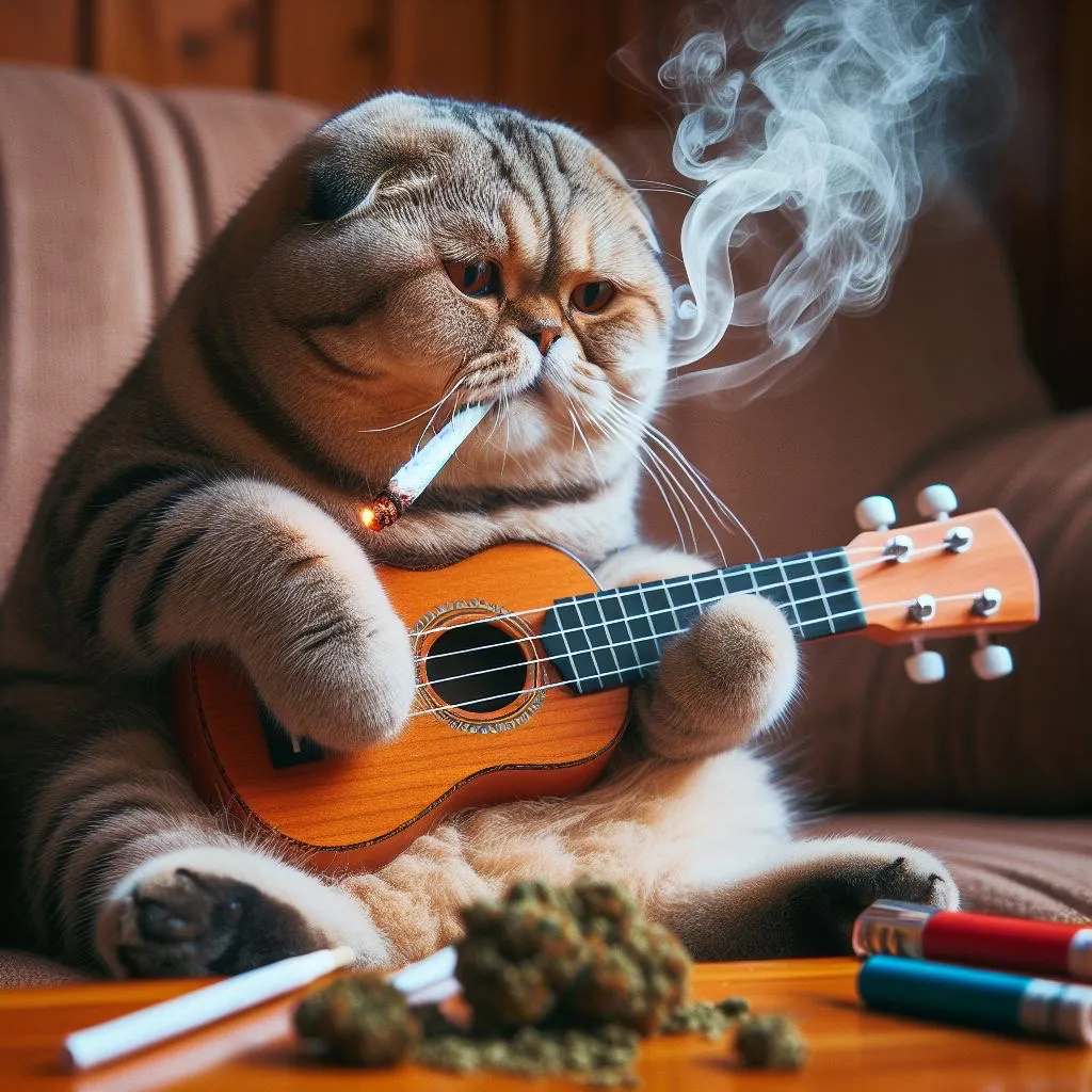 a cat sitting on a couch holding a ukulele and smoking a cigarette