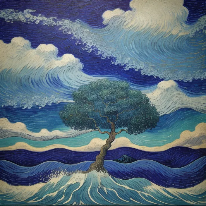 a painting of a tree in the middle of the ocean