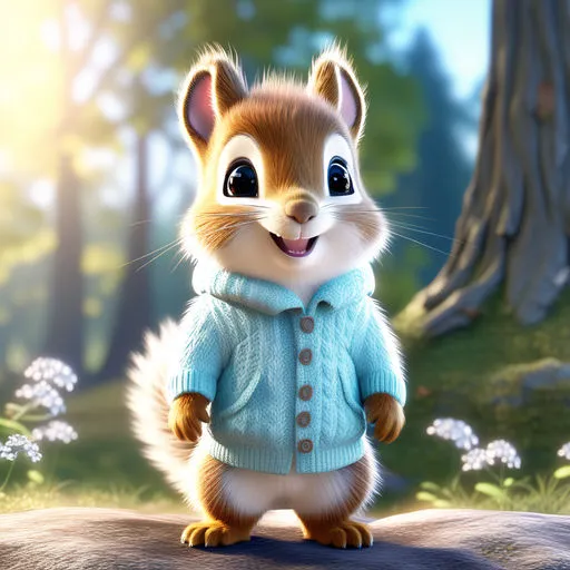 a cartoon picture of a squirrel in a blue sweater