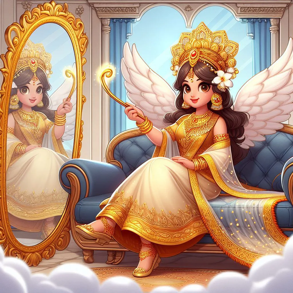 a fairy in sari sitting on a couch in front of a mirror