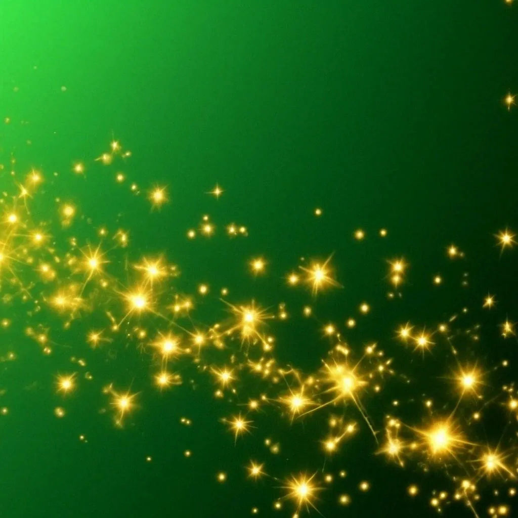 a green background with gold stars and sparkles