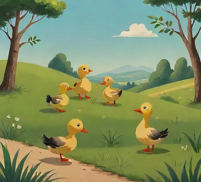 a group of ducks walking across a lush green field