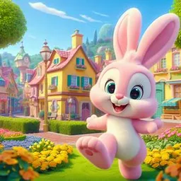 a pink bunny running through a flower garden