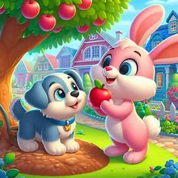 a cartoon dog and a bunny holding an apple