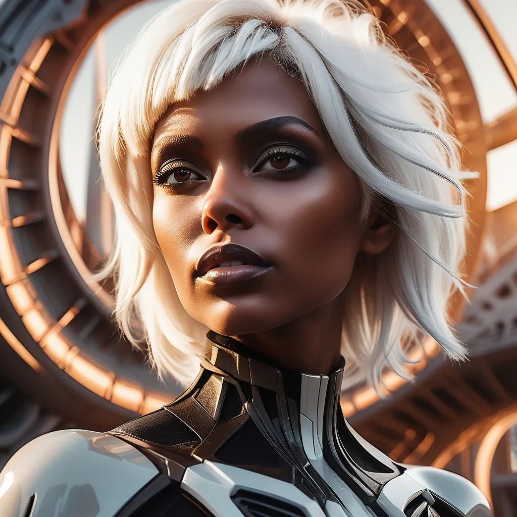 a woman with white hair and a futuristic suit