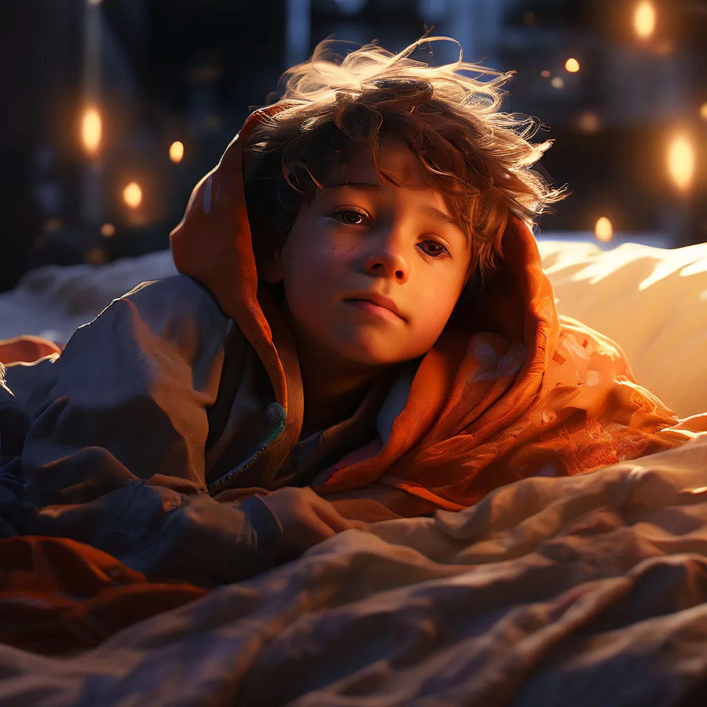 a little boy laying in bed under a blanket